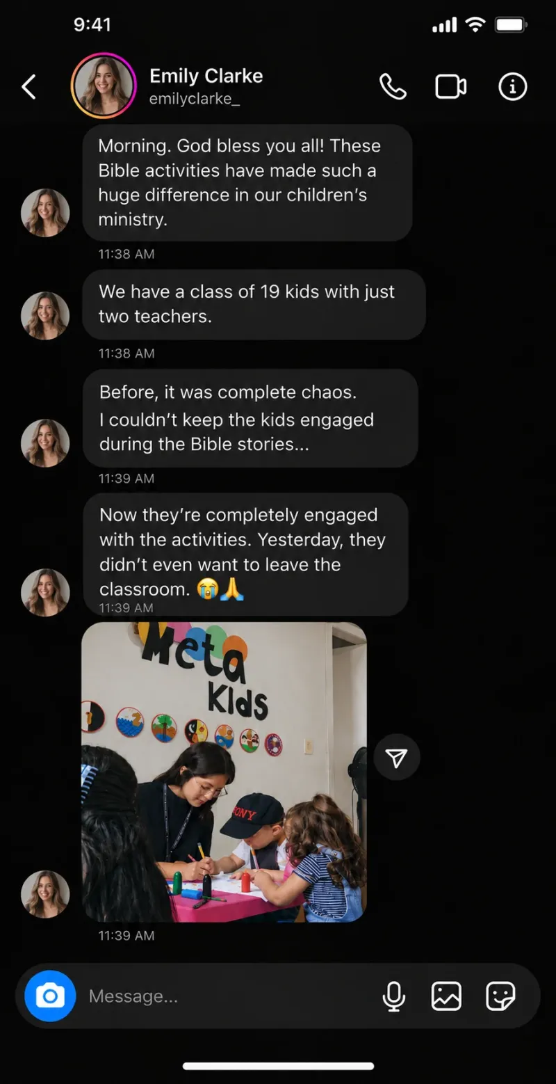 Instagram message from Emily Clarke saying the Bible activities transformed her children's ministry class of 19 kids