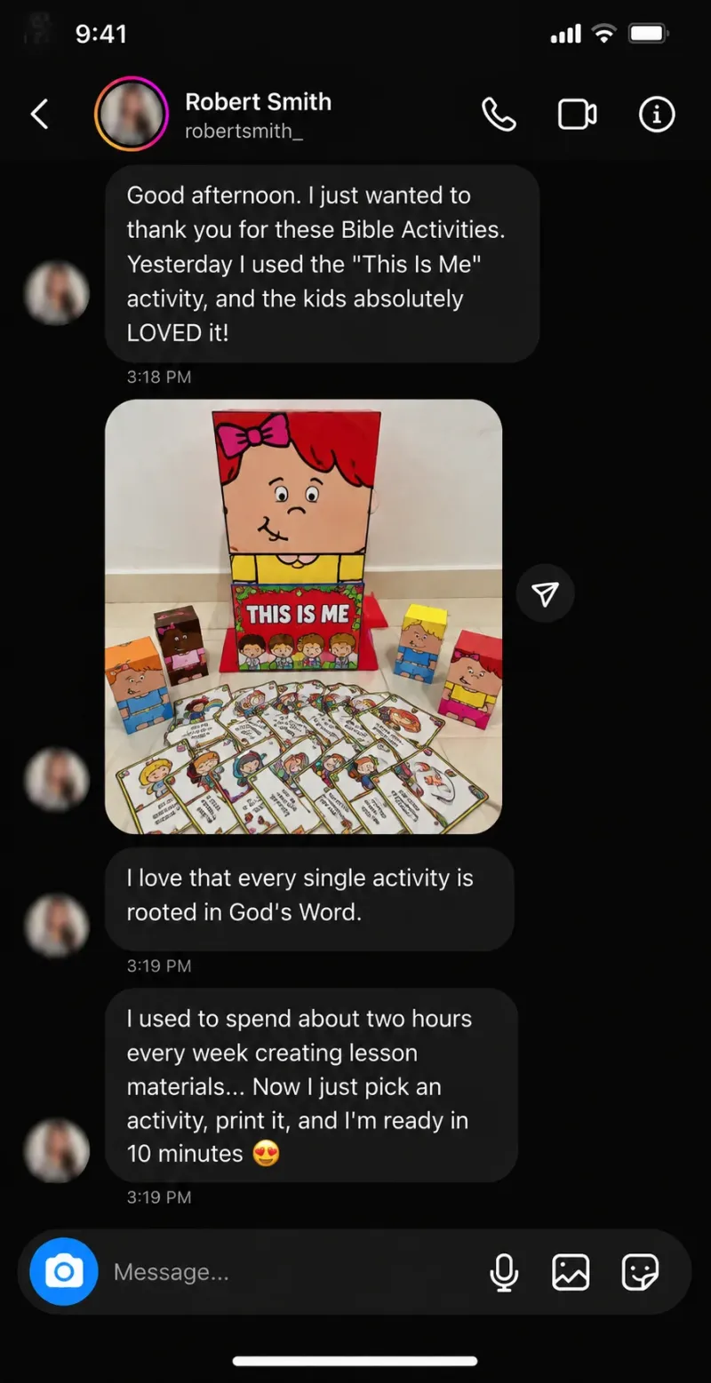 Instagram message from Robert Smith thanking for the This Is Me Bible activity his kids loved